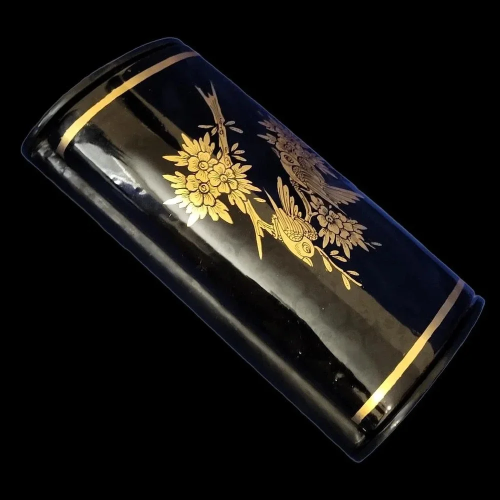 Black Lacquer Jewelry Box Gold Floral and Bird Decoration Red Velvet Interior